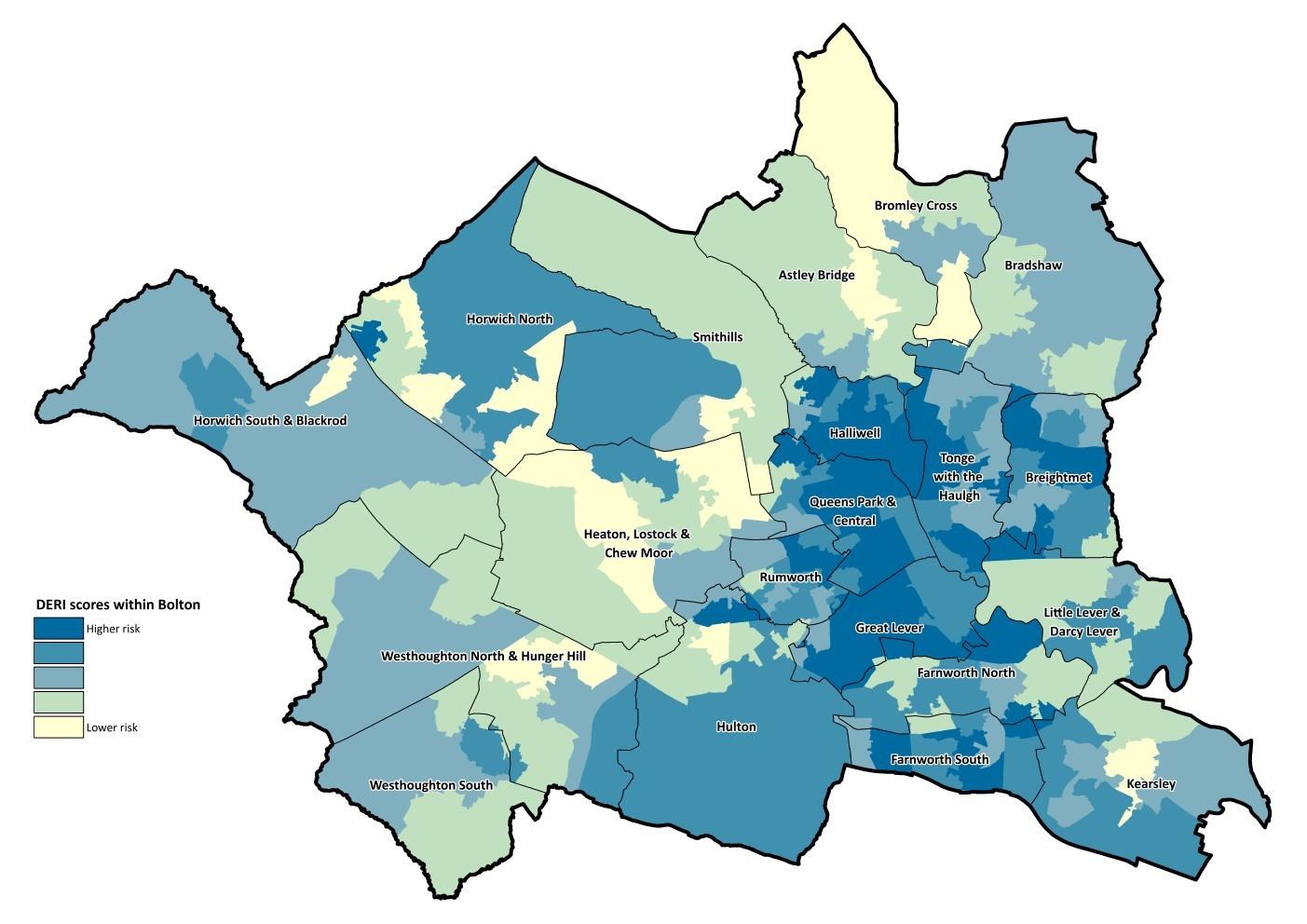 Digital Exclusion Risk Index mapped across Bolton by LSOA